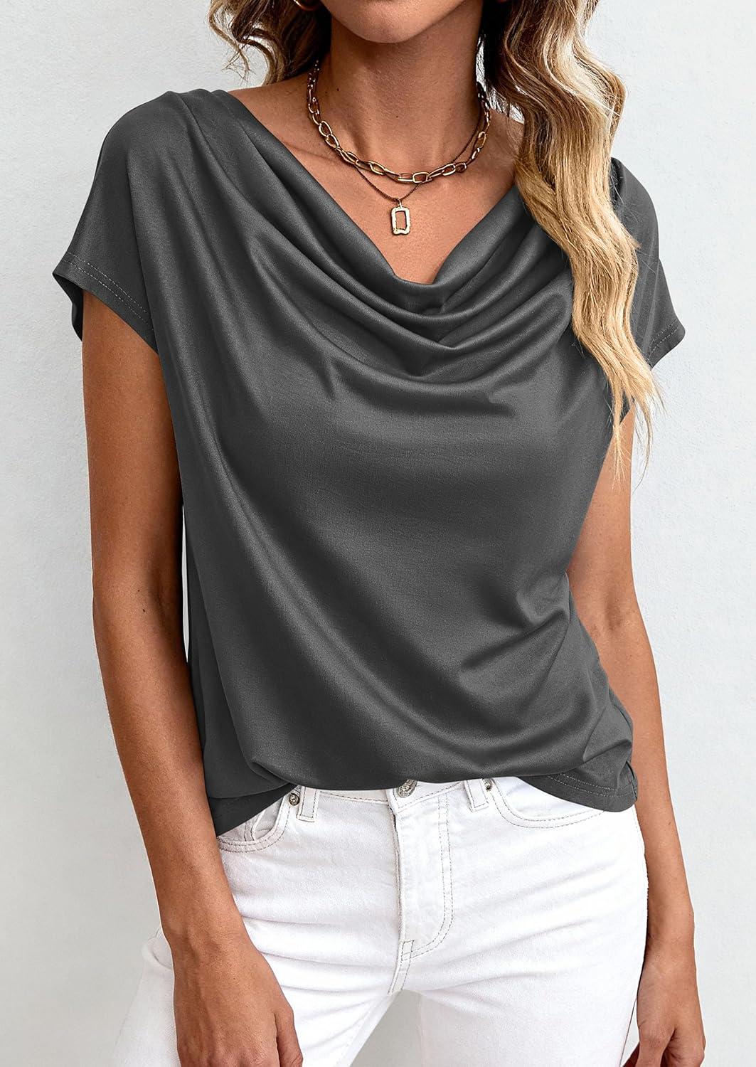 imagePRETTYGARDEN Womens Tops Dressy Casual Clothing 2026 Summer Cowl Neck Short Sleeve Blouses Spring Business Work Office ShirtsDark Grey