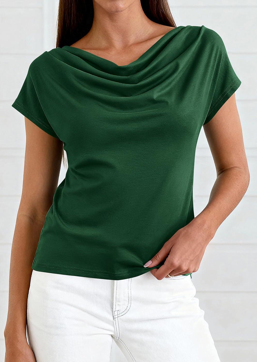 imagePRETTYGARDEN Womens Tops Dressy Casual Clothing 2026 Summer Cowl Neck Short Sleeve Blouses Spring Business Work Office ShirtsGreen