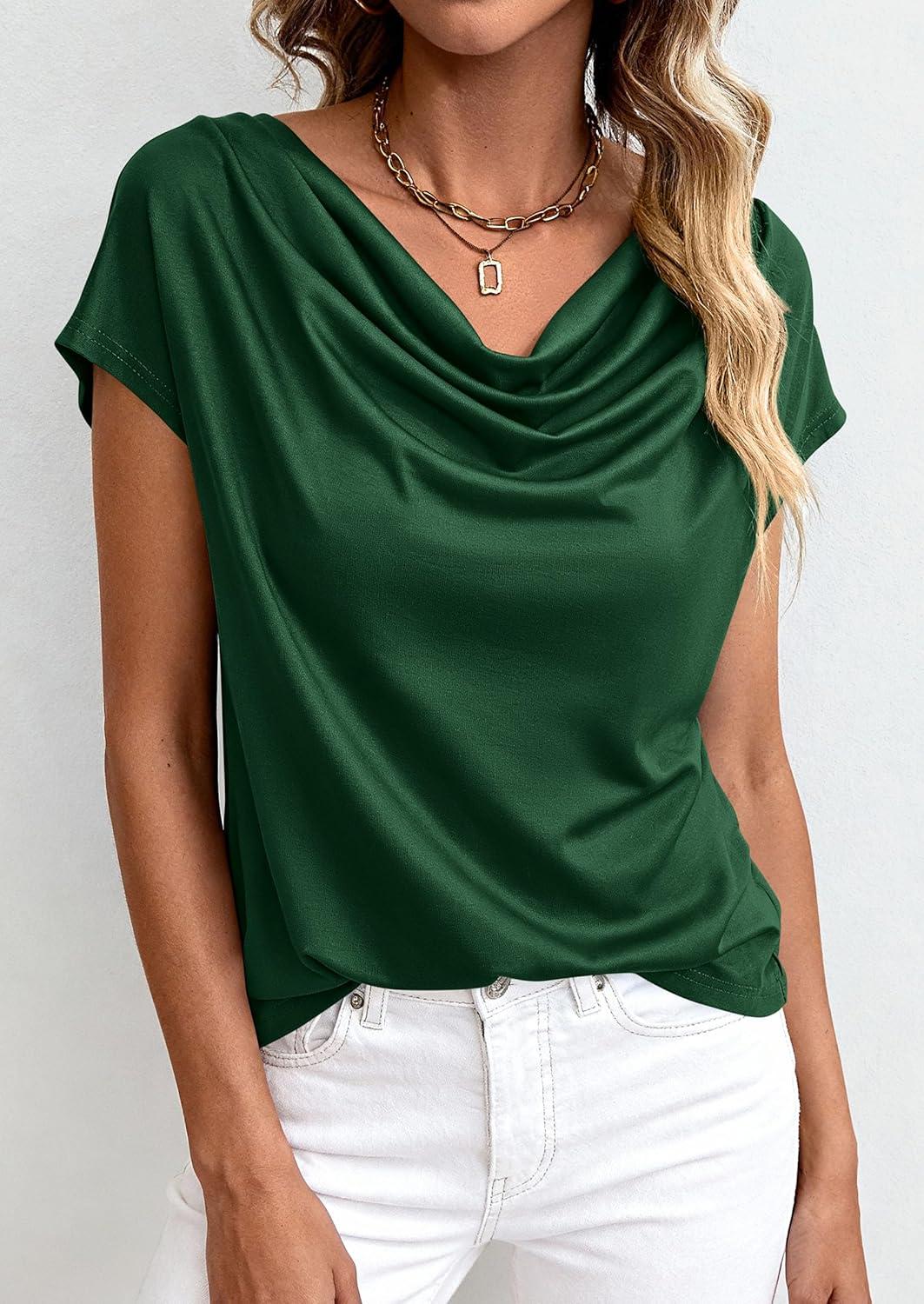 imagePRETTYGARDEN Womens Tops Dressy Casual Clothing 2026 Summer Cowl Neck Short Sleeve Blouses Spring Business Work Office ShirtsGreen