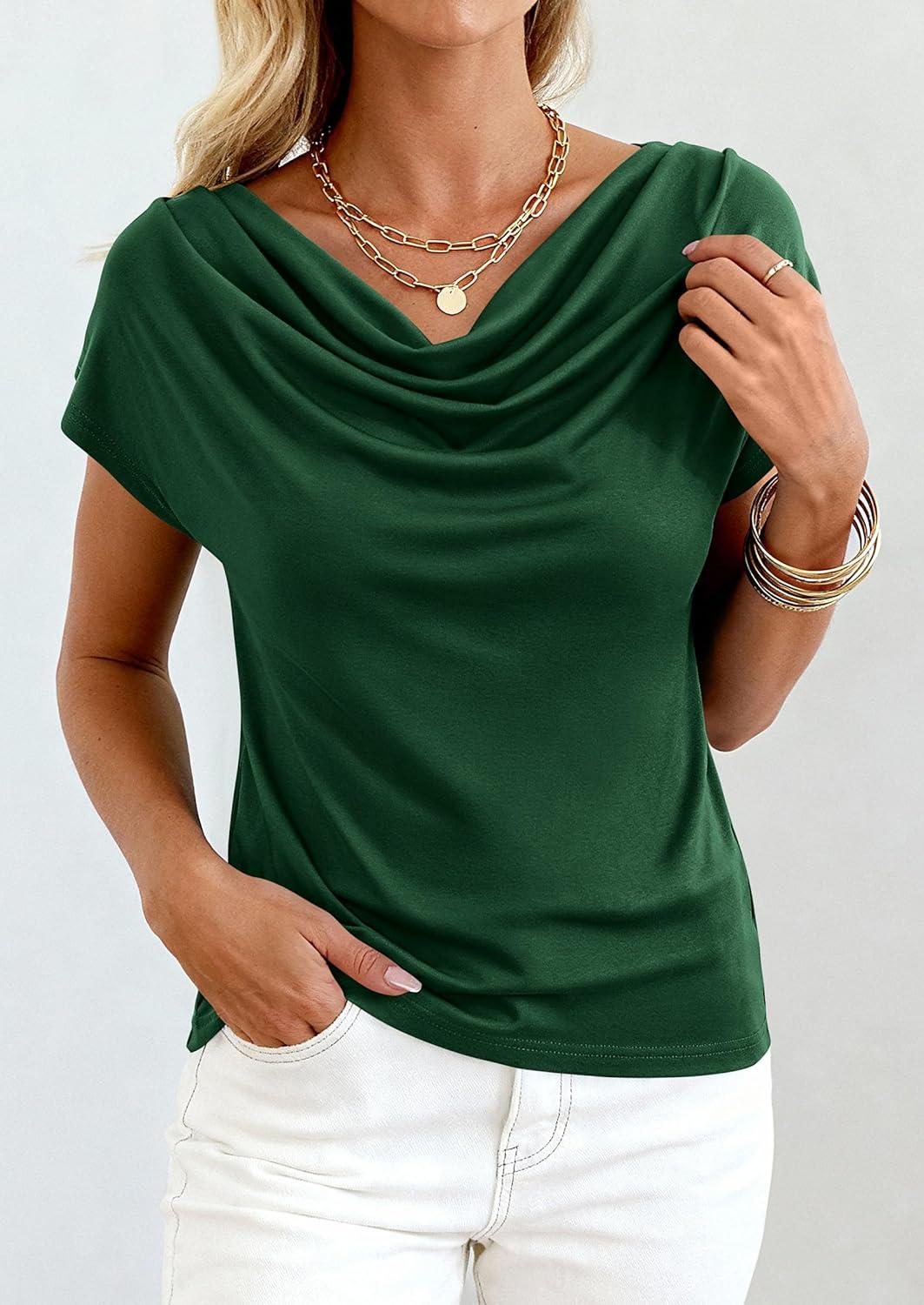 imagePRETTYGARDEN Womens Tops Dressy Casual Clothing 2026 Summer Cowl Neck Short Sleeve Blouses Spring Business Work Office ShirtsGreen