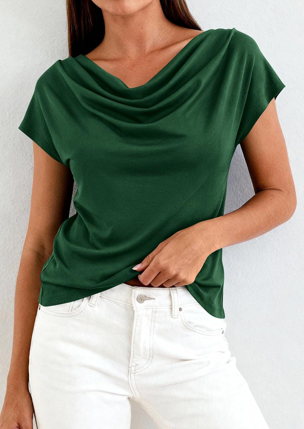 imagePRETTYGARDEN Womens Tops Dressy Casual Clothing 2026 Summer Cowl Neck Short Sleeve Blouses Spring Business Work Office ShirtsGreen
