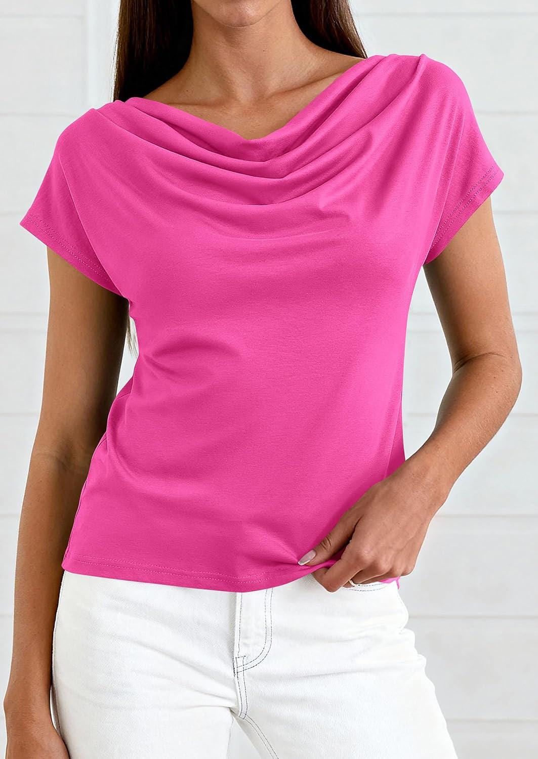 imagePRETTYGARDEN Womens Tops Dressy Casual Clothing 2026 Summer Cowl Neck Short Sleeve Blouses Spring Business Work Office ShirtsHot Pink