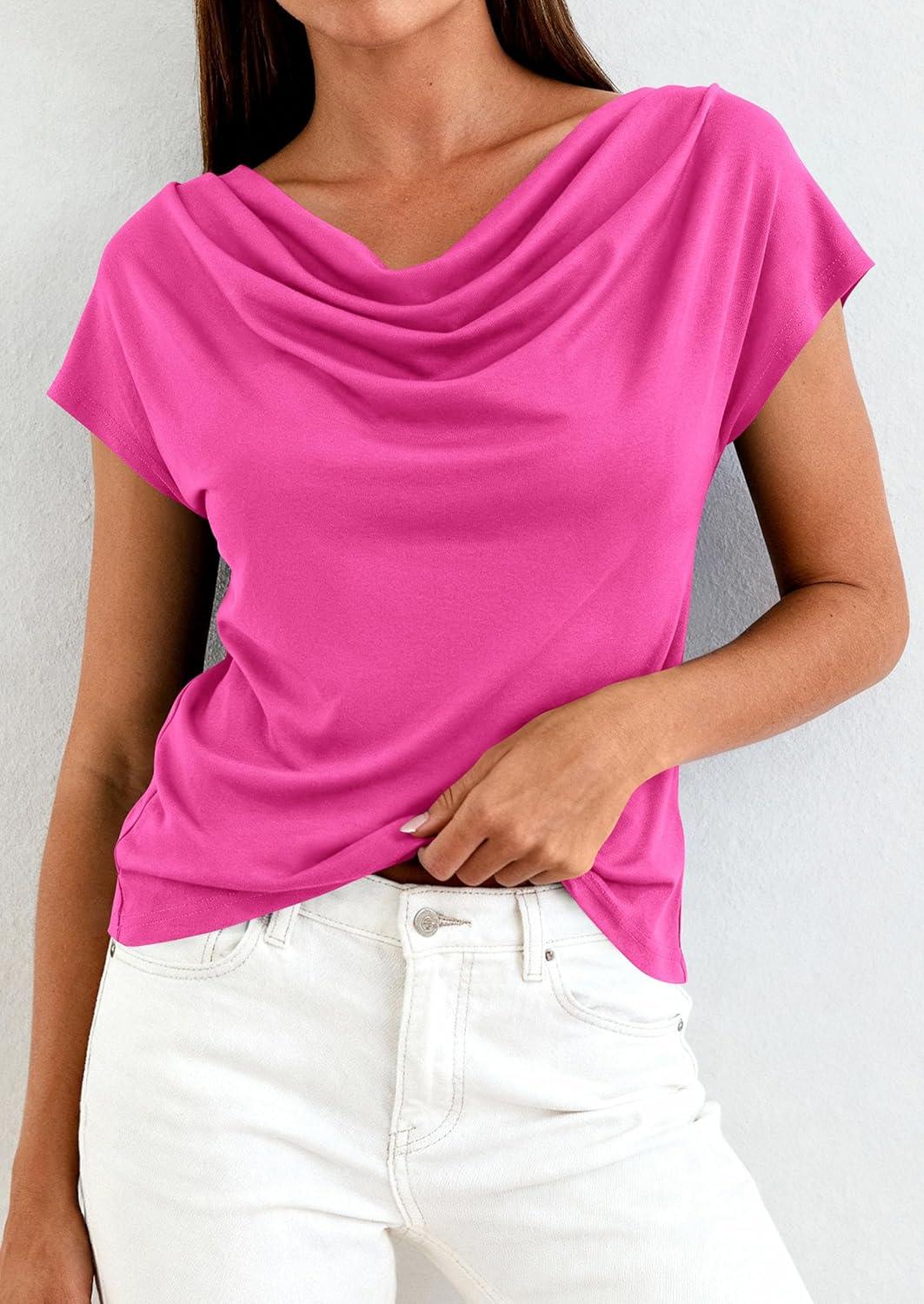 imagePRETTYGARDEN Womens Tops Dressy Casual Clothing 2026 Summer Cowl Neck Short Sleeve Blouses Spring Business Work Office ShirtsHot Pink