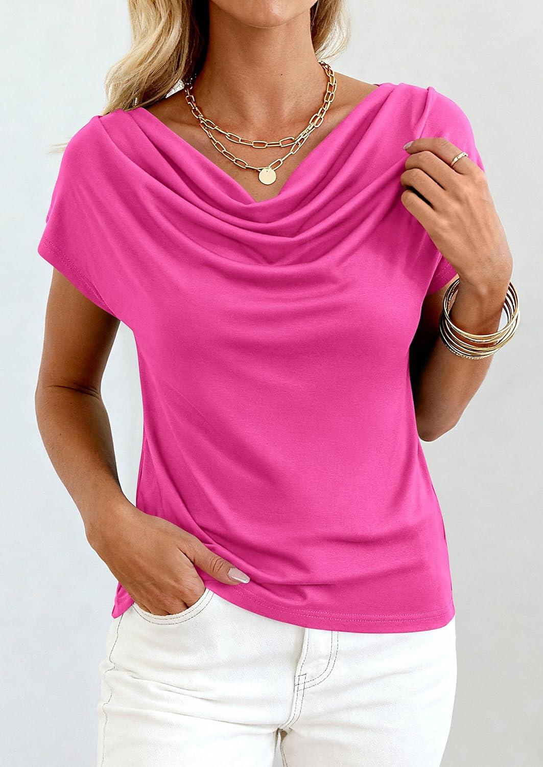 imagePRETTYGARDEN Womens Tops Dressy Casual Clothing 2026 Summer Cowl Neck Short Sleeve Blouses Spring Business Work Office ShirtsHot Pink