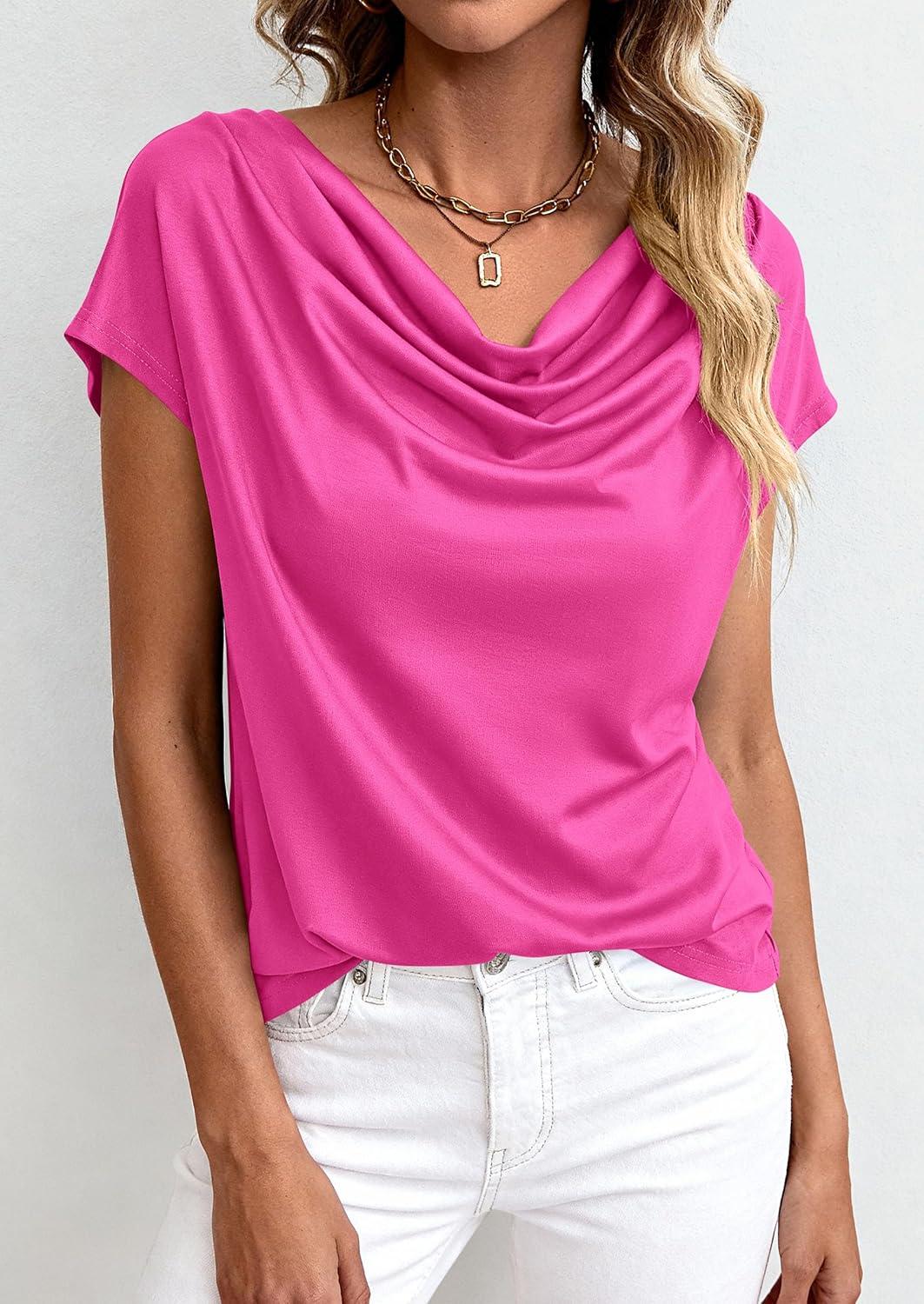 imagePRETTYGARDEN Womens Tops Dressy Casual Clothing 2026 Summer Cowl Neck Short Sleeve Blouses Spring Business Work Office ShirtsHot Pink