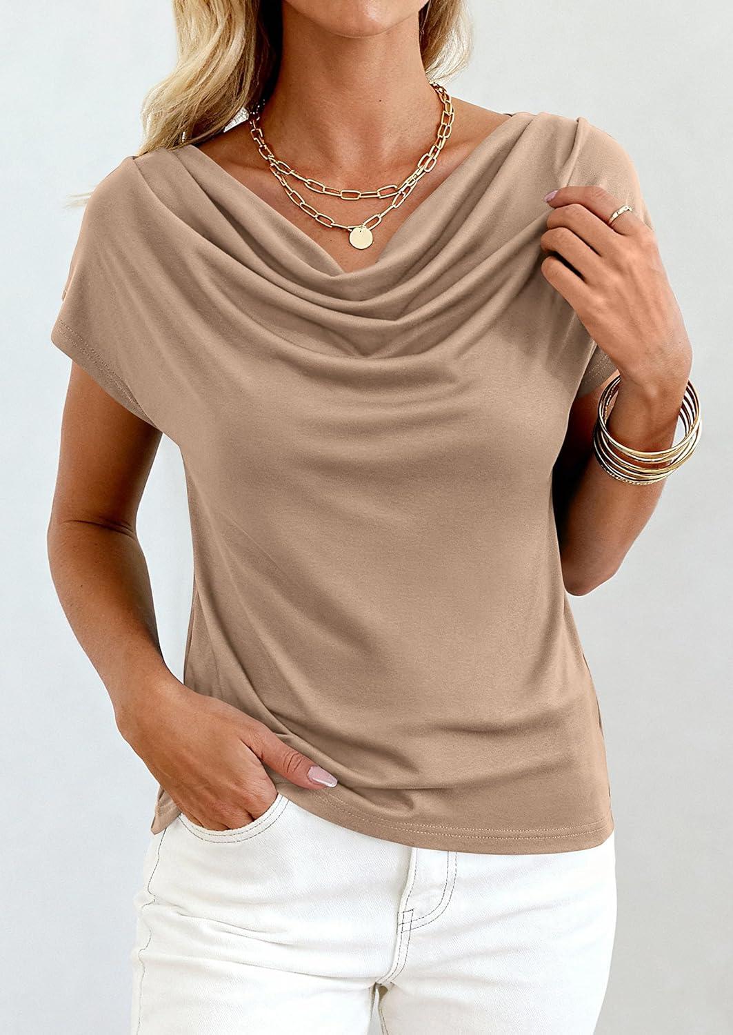 imagePRETTYGARDEN Womens Tops Dressy Casual Clothing 2026 Summer Cowl Neck Short Sleeve Blouses Spring Business Work Office ShirtsKhaki