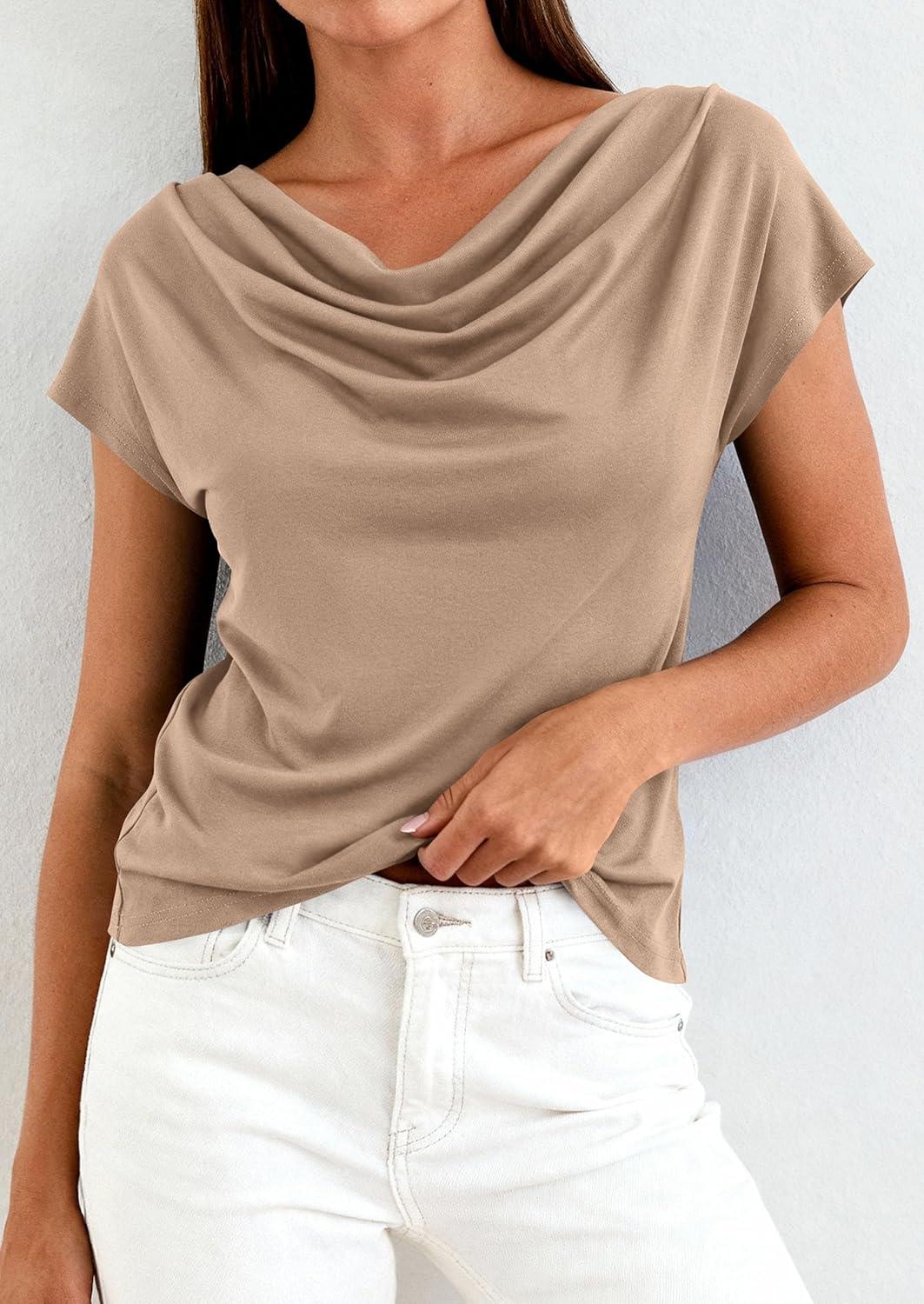 imagePRETTYGARDEN Womens Tops Dressy Casual Clothing 2026 Summer Cowl Neck Short Sleeve Blouses Spring Business Work Office ShirtsKhaki