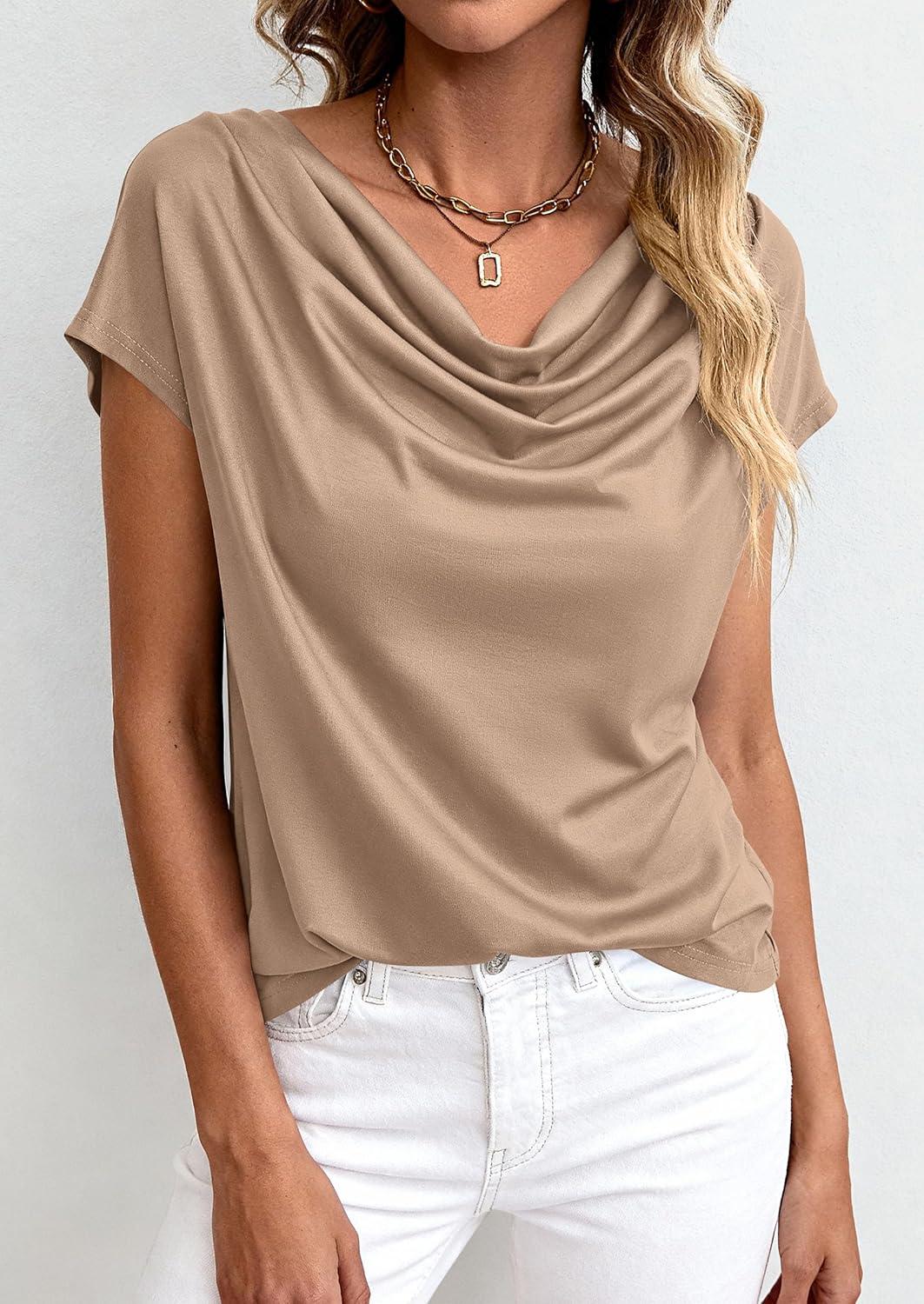 imagePRETTYGARDEN Womens Tops Dressy Casual Clothing 2026 Summer Cowl Neck Short Sleeve Blouses Spring Business Work Office ShirtsKhaki