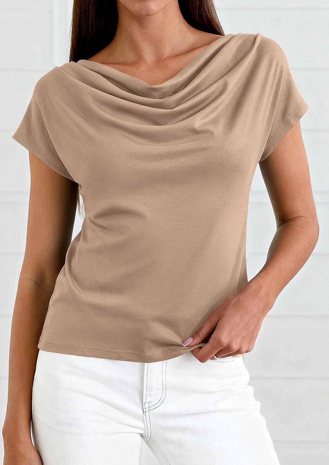 imagePRETTYGARDEN Womens Tops Dressy Casual Clothing 2026 Summer Cowl Neck Short Sleeve Blouses Spring Business Work Office ShirtsKhaki