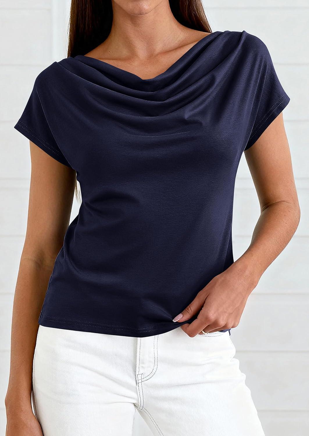 imagePRETTYGARDEN Womens Tops Dressy Casual Clothing 2026 Summer Cowl Neck Short Sleeve Blouses Spring Business Work Office ShirtsNavy Blue