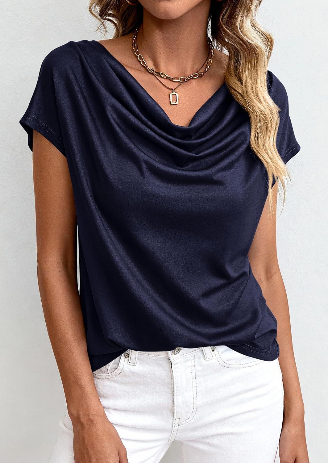 imagePRETTYGARDEN Womens Tops Dressy Casual Clothing 2026 Summer Cowl Neck Short Sleeve Blouses Spring Business Work Office ShirtsNavy Blue