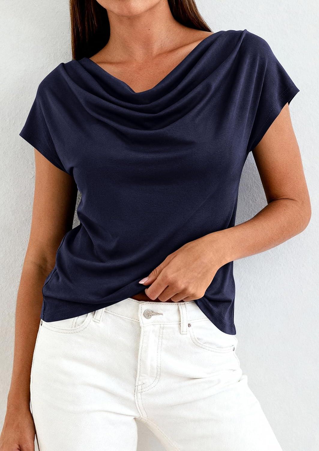 imagePRETTYGARDEN Womens Tops Dressy Casual Clothing 2026 Summer Cowl Neck Short Sleeve Blouses Spring Business Work Office ShirtsNavy Blue