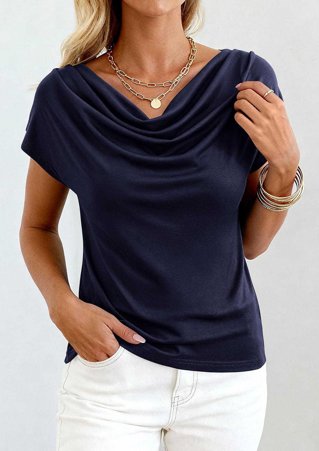 imagePRETTYGARDEN Womens Tops Dressy Casual Clothing 2026 Summer Cowl Neck Short Sleeve Blouses Spring Business Work Office ShirtsNavy Blue