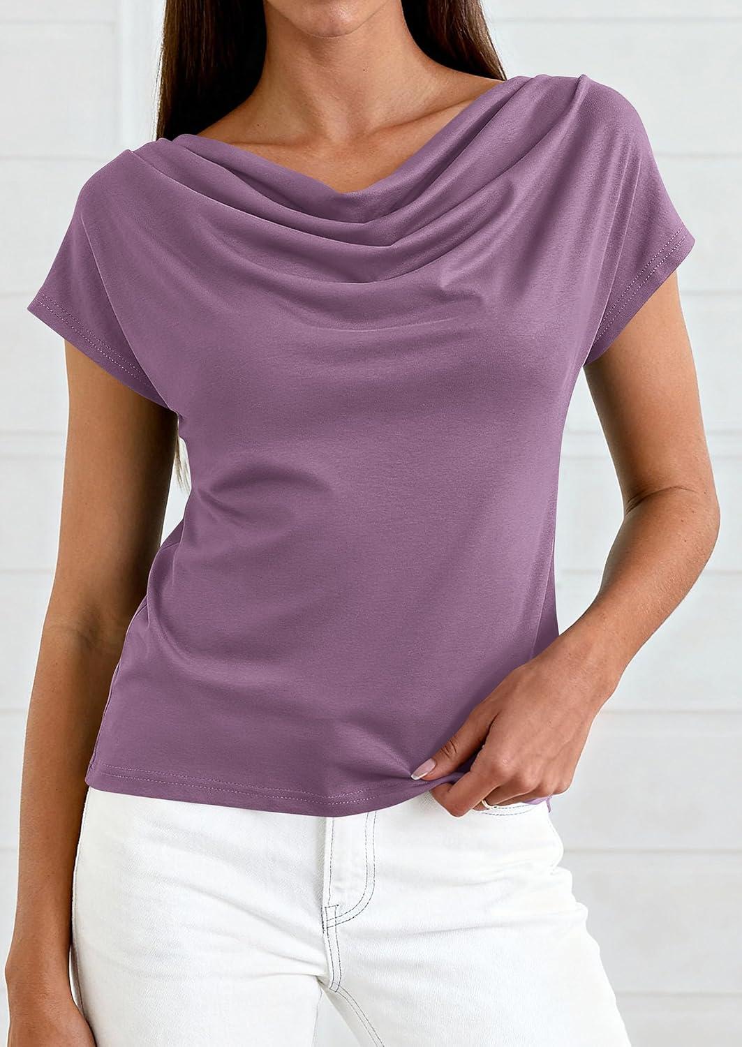 imagePRETTYGARDEN Womens Tops Dressy Casual Clothing 2026 Summer Cowl Neck Short Sleeve Blouses Spring Business Work Office ShirtsPurple