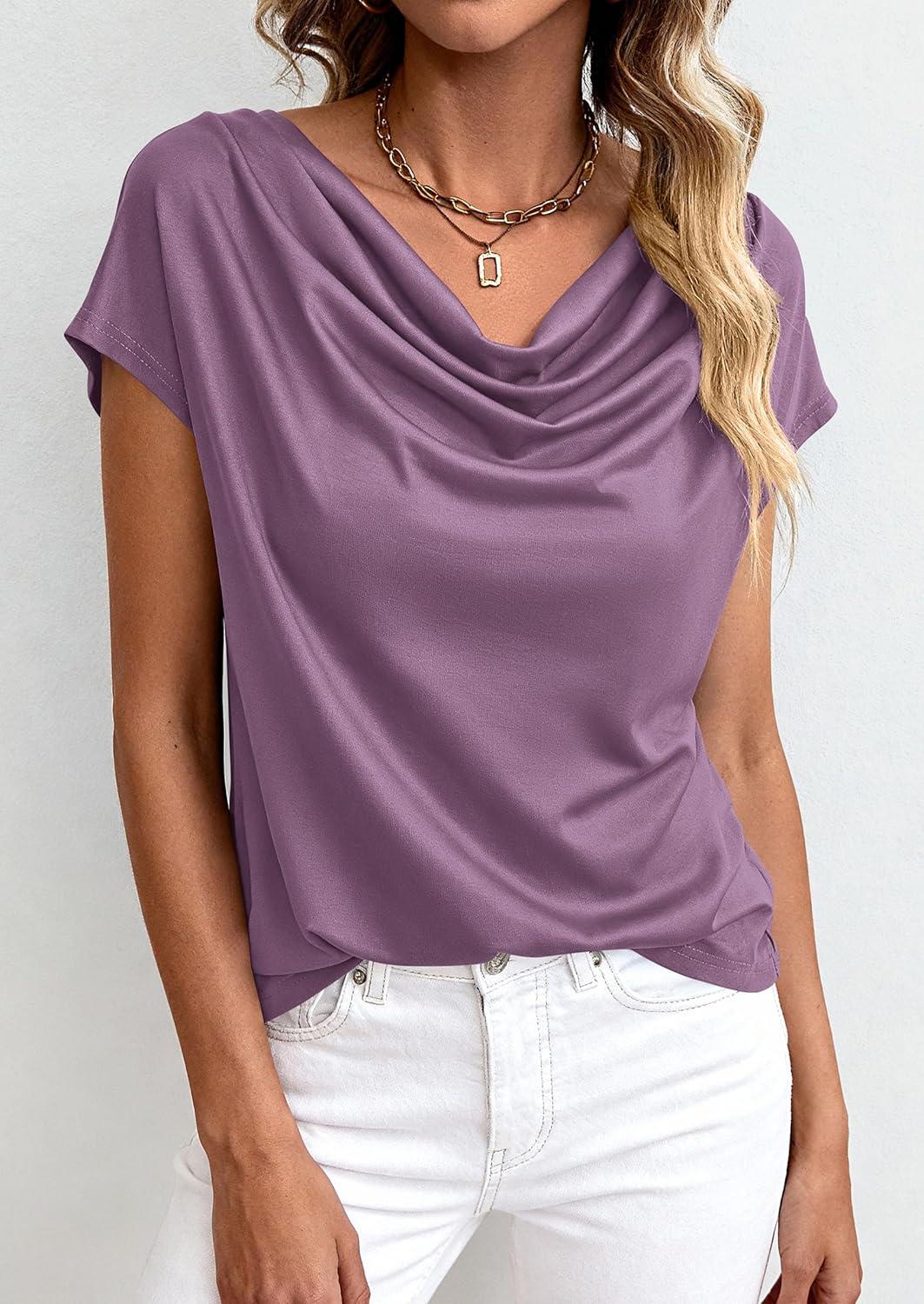imagePRETTYGARDEN Womens Tops Dressy Casual Clothing 2026 Summer Cowl Neck Short Sleeve Blouses Spring Business Work Office ShirtsPurple