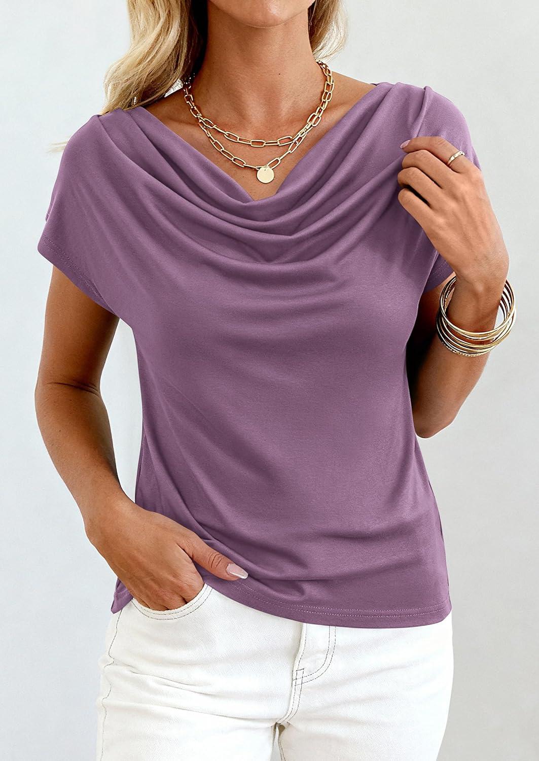 imagePRETTYGARDEN Womens Tops Dressy Casual Clothing 2026 Summer Cowl Neck Short Sleeve Blouses Spring Business Work Office ShirtsPurple