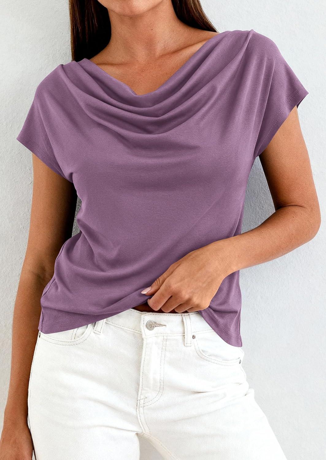 imagePRETTYGARDEN Womens Tops Dressy Casual Clothing 2026 Summer Cowl Neck Short Sleeve Blouses Spring Business Work Office ShirtsPurple