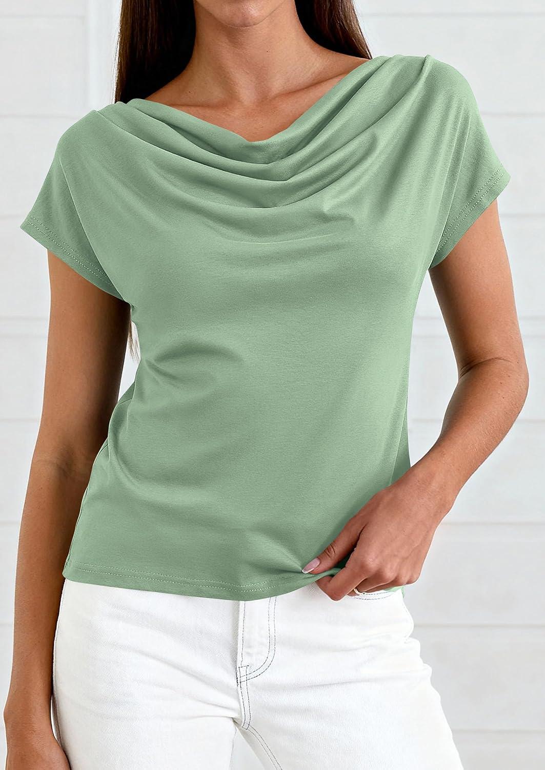 imagePRETTYGARDEN Womens Tops Dressy Casual Clothing 2026 Summer Cowl Neck Short Sleeve Blouses Spring Business Work Office ShirtsSage Green