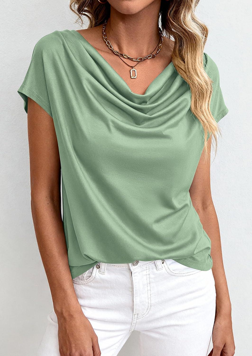 imagePRETTYGARDEN Womens Tops Dressy Casual Clothing 2026 Summer Cowl Neck Short Sleeve Blouses Spring Business Work Office ShirtsSage Green