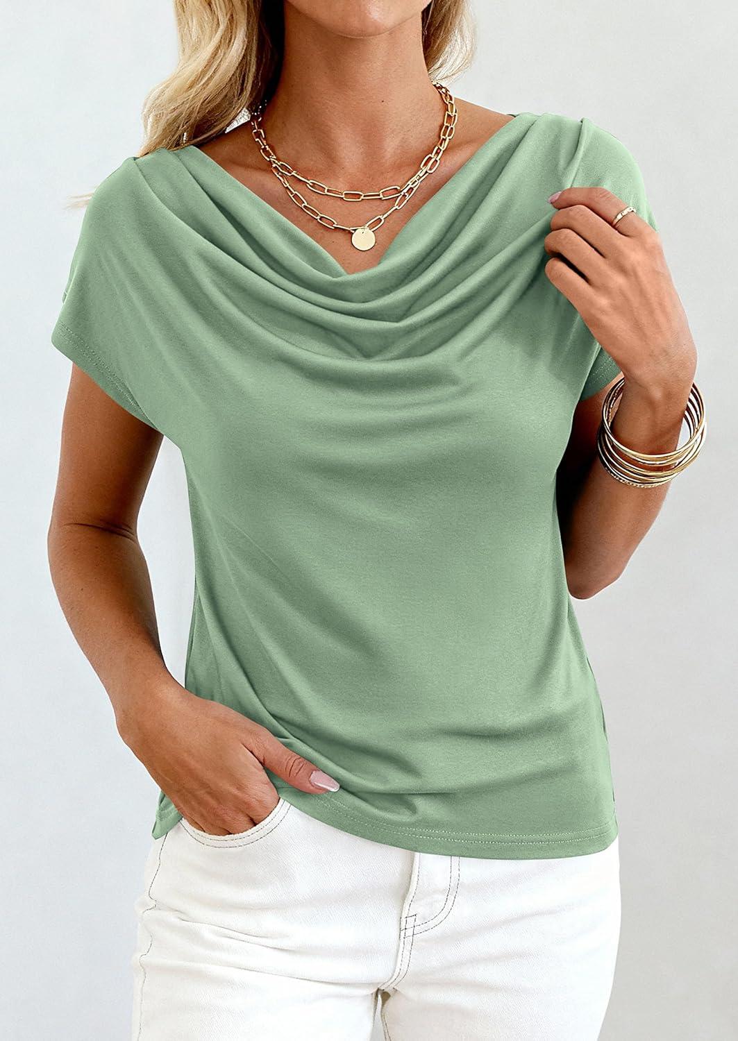 imagePRETTYGARDEN Womens Tops Dressy Casual Clothing 2026 Summer Cowl Neck Short Sleeve Blouses Spring Business Work Office ShirtsSage Green