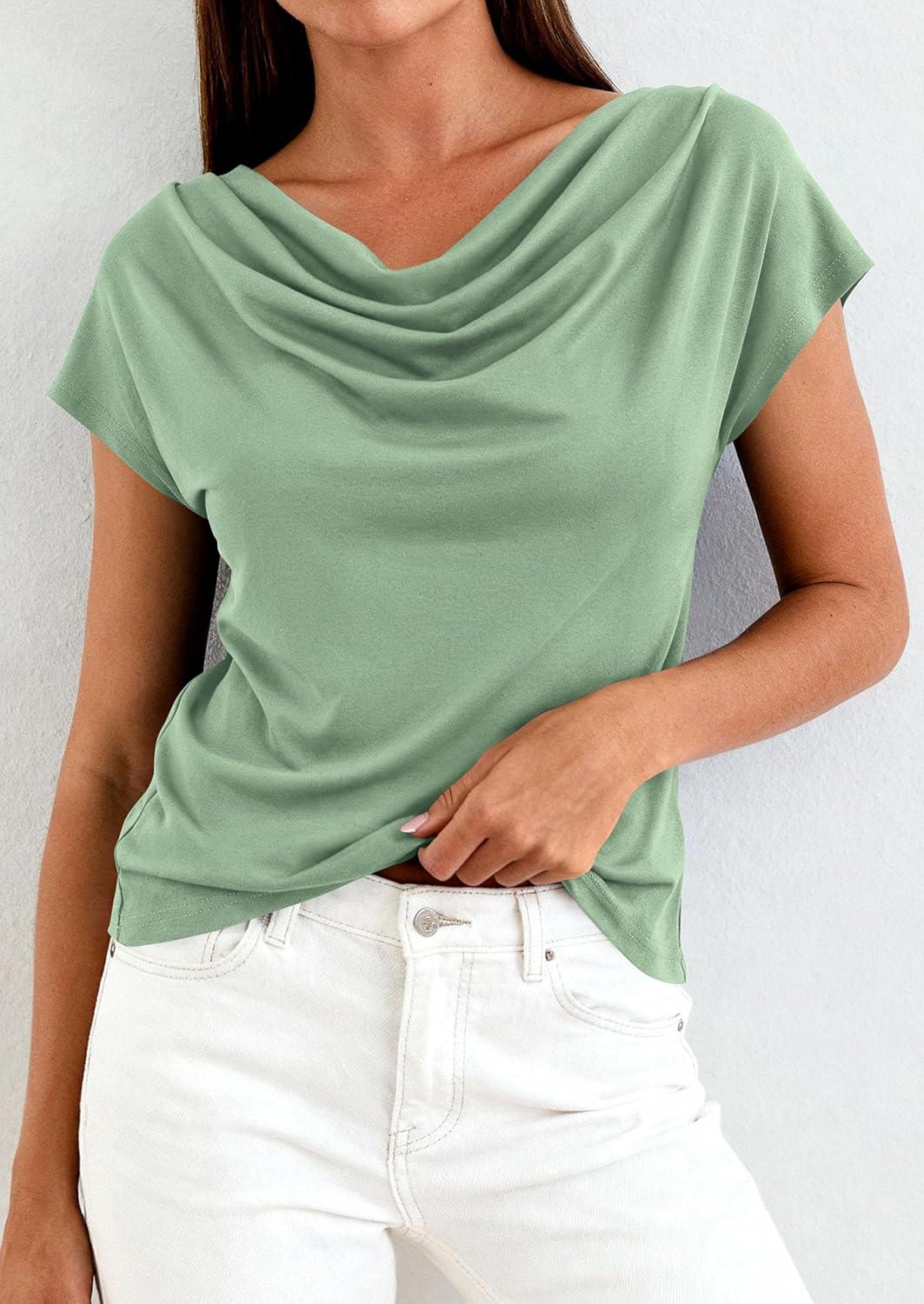 imagePRETTYGARDEN Womens Tops Dressy Casual Clothing 2026 Summer Cowl Neck Short Sleeve Blouses Spring Business Work Office ShirtsSage Green