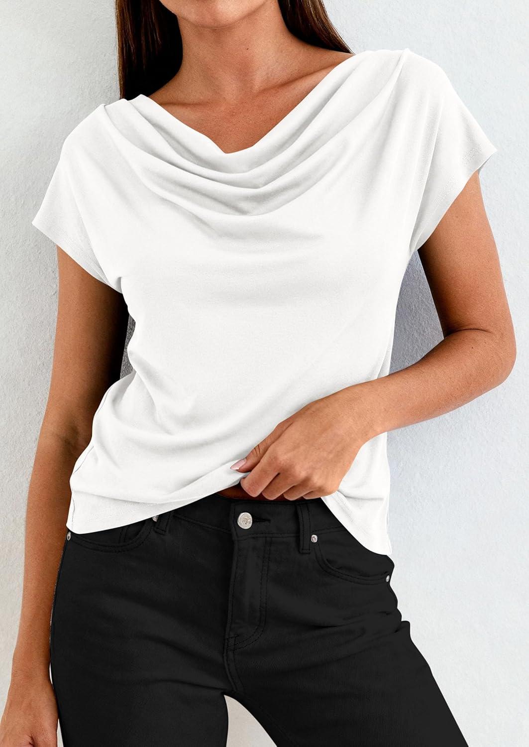 imagePRETTYGARDEN Womens Tops Dressy Casual Clothing 2026 Summer Cowl Neck Short Sleeve Blouses Spring Business Work Office ShirtsWhite