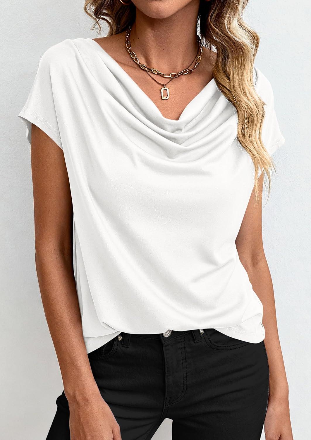 imagePRETTYGARDEN Womens Tops Dressy Casual Clothing 2026 Summer Cowl Neck Short Sleeve Blouses Spring Business Work Office ShirtsWhite
