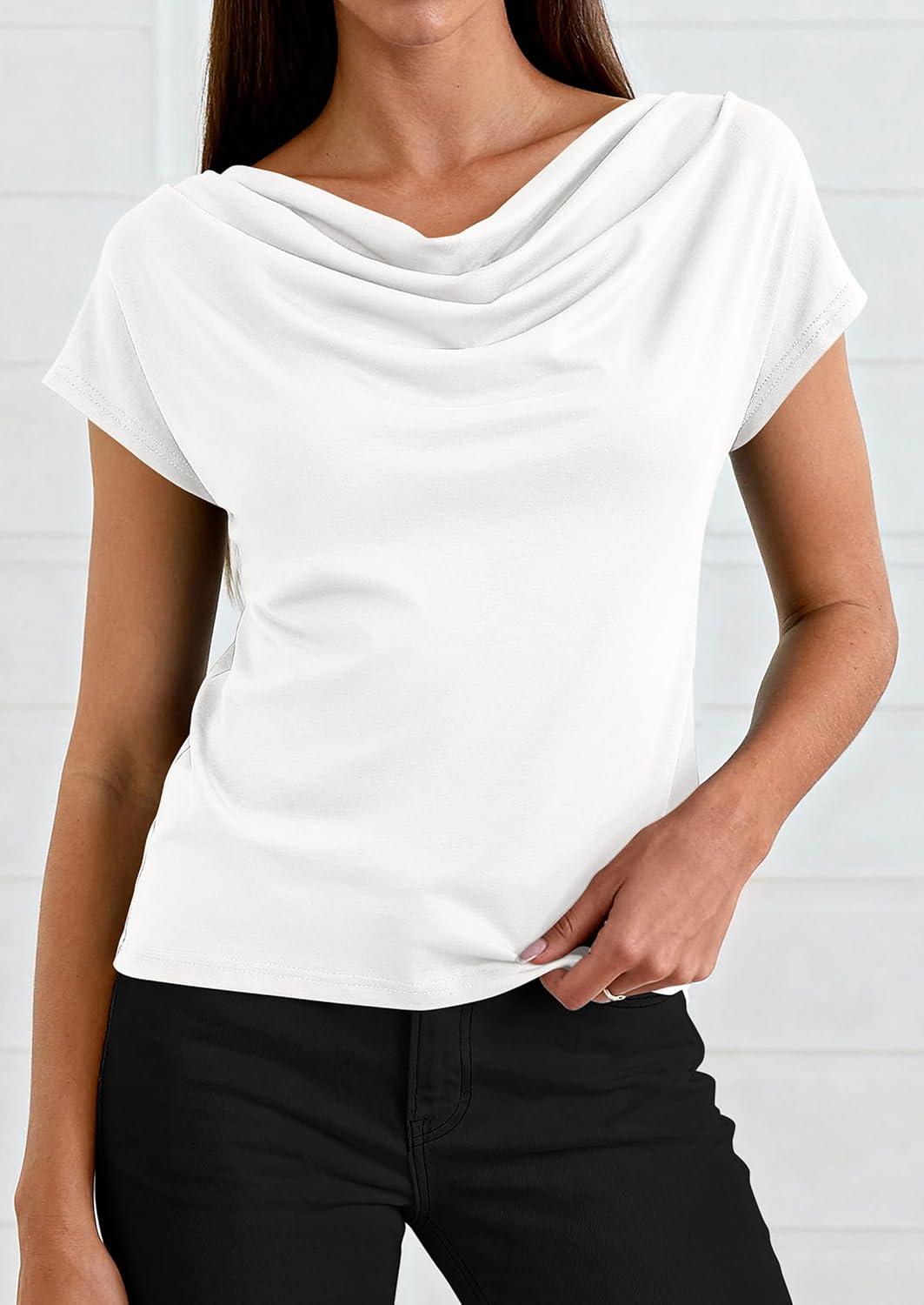 imagePRETTYGARDEN Womens Tops Dressy Casual Clothing 2026 Summer Cowl Neck Short Sleeve Blouses Spring Business Work Office ShirtsWhite