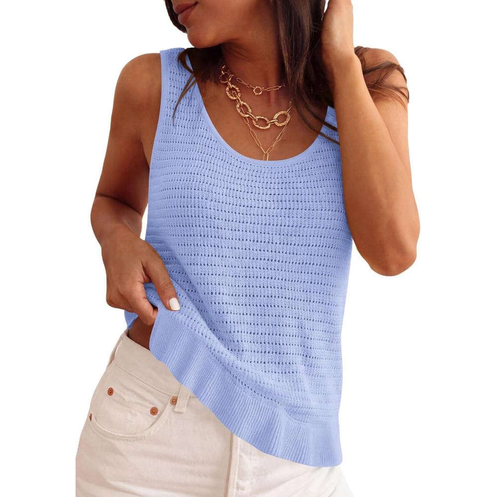 imagePRETTYGARDEN Crochet Tops for Women 2026 Spring Sleeveless Sweater Tops Summer Boho Tank Resort Wear Beach Vacation ClothesBaby Blue