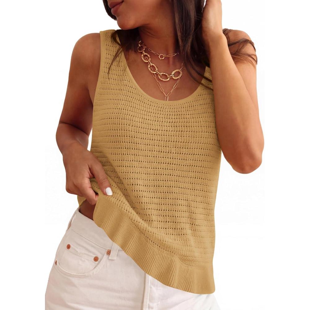 imagePRETTYGARDEN Crochet Tops for Women 2026 Spring Sleeveless Sweater Tops Summer Boho Tank Resort Wear Beach Vacation ClothesKhaki