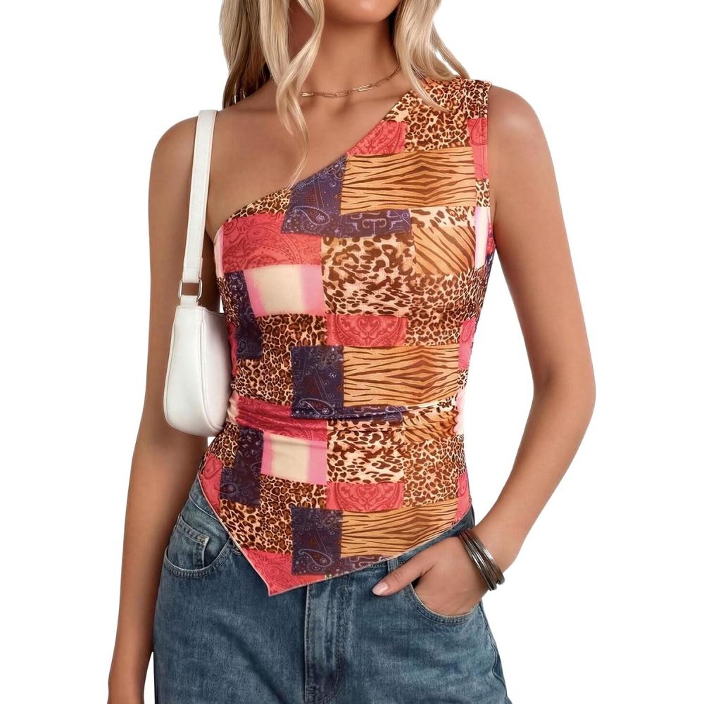 imagePRETTYGARDEN Going Out Tops for Women Floral Mesh Y2K Shirt 2026 Summer One Shoulder Asymmetrical Spring Vacation ClothesKhaki Leopard