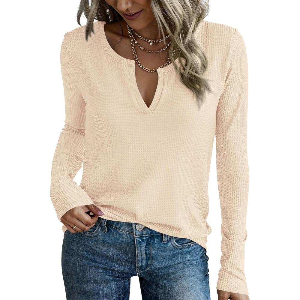 imagePRETTYGARDEN Long Sleeve Shirts for Women 2026 Fall V Neck Waffle Basic Tee Dressy Casual Winter Blouses Knit Tunic TopsBeige