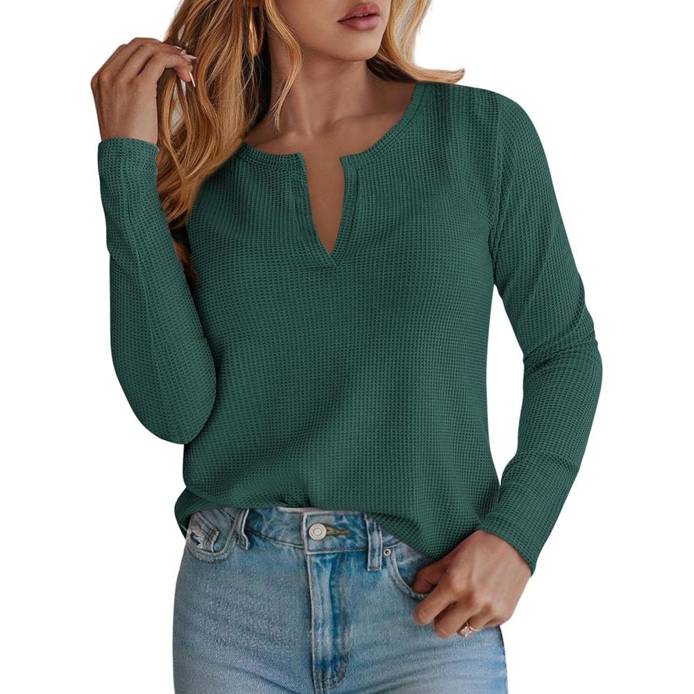 imagePRETTYGARDEN Long Sleeve Shirts for Women 2026 Fall V Neck Waffle Basic Tee Dressy Casual Winter Blouses Knit Tunic TopsGreen