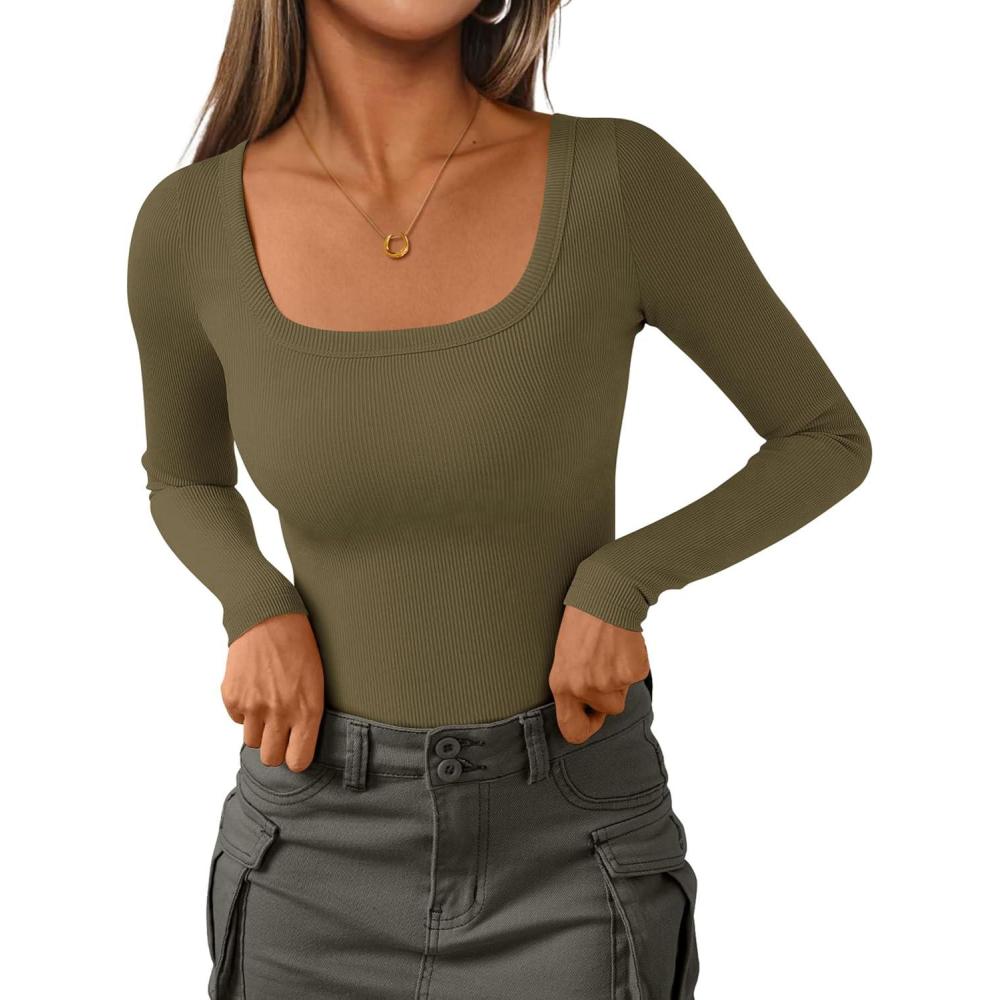 imagePRETTYGARDEN Long Sleeve Shirts for Women Spring 2026 Ribbed Basic Tees Scoop Neck Trendy Going Out Tops Fashion ClothingArmy Green