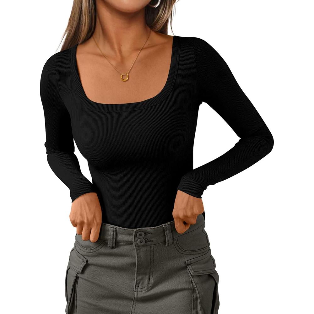 imagePRETTYGARDEN Long Sleeve Shirts for Women Spring 2026 Ribbed Basic Tees Scoop Neck Trendy Going Out Tops Fashion ClothingBlack