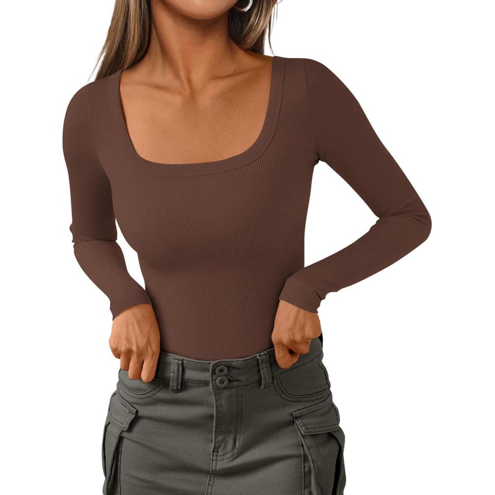 imagePRETTYGARDEN Long Sleeve Shirts for Women Spring 2026 Ribbed Basic Tees Scoop Neck Trendy Going Out Tops Fashion ClothingBrown
