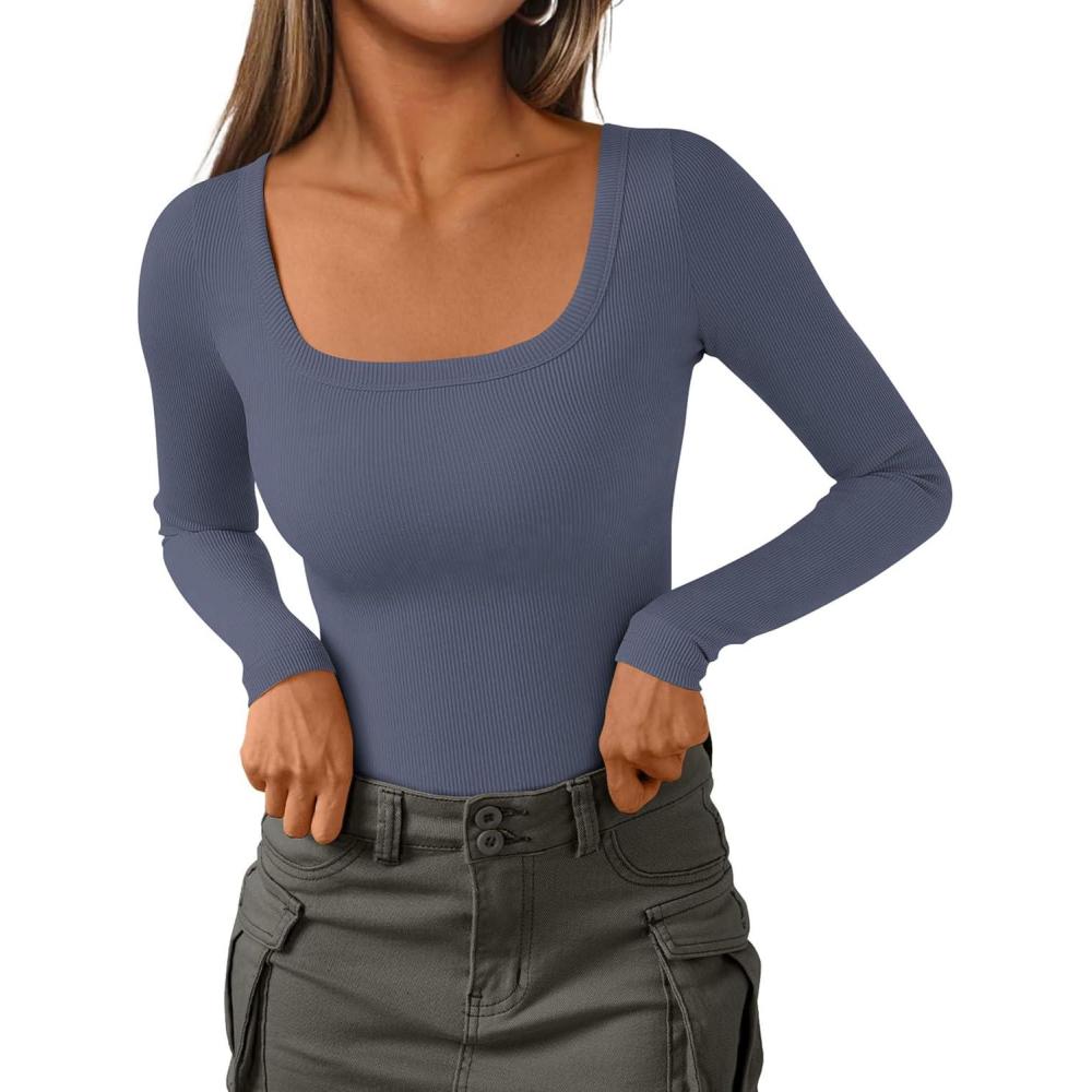 imagePRETTYGARDEN Long Sleeve Shirts for Women Spring 2026 Ribbed Basic Tees Scoop Neck Trendy Going Out Tops Fashion ClothingDark Dusty Blue
