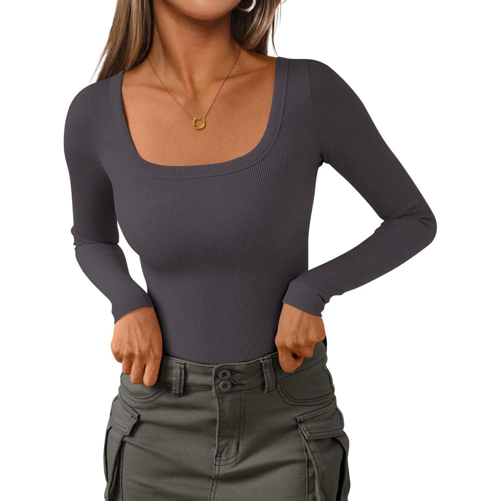 imagePRETTYGARDEN Long Sleeve Shirts for Women Spring 2026 Ribbed Basic Tees Scoop Neck Trendy Going Out Tops Fashion ClothingDark Grey