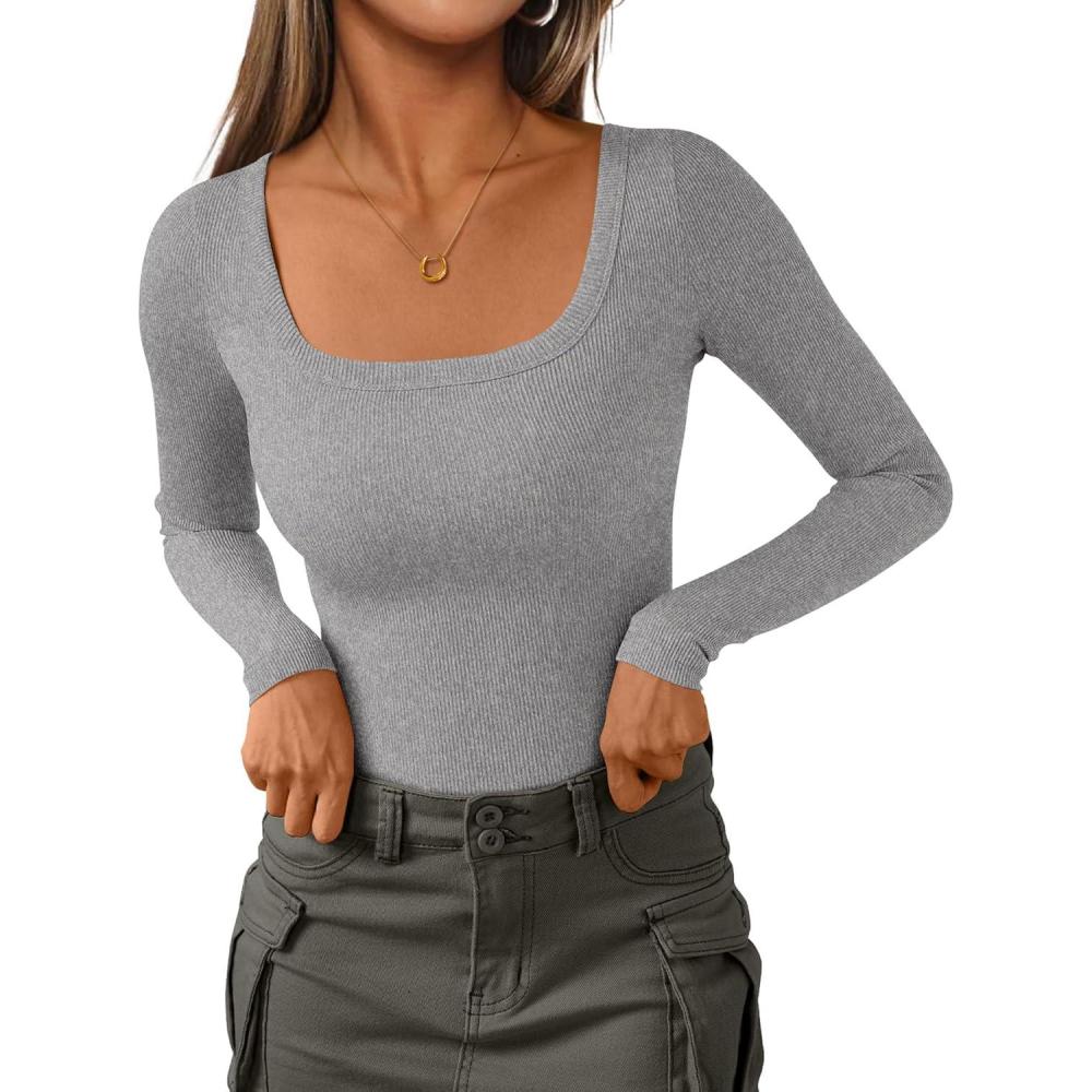 imagePRETTYGARDEN Long Sleeve Shirts for Women Spring 2026 Ribbed Basic Tees Scoop Neck Trendy Going Out Tops Fashion ClothingGrey