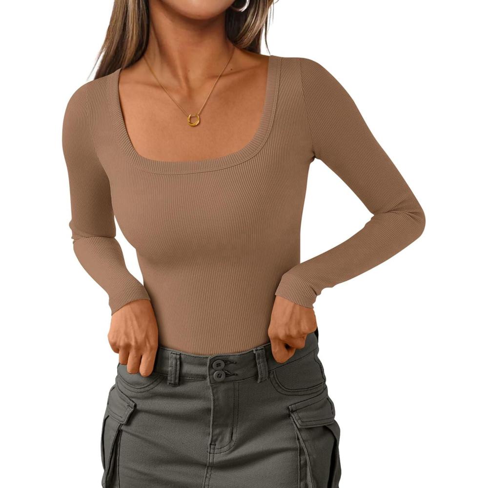 imagePRETTYGARDEN Long Sleeve Shirts for Women Spring 2026 Ribbed Basic Tees Scoop Neck Trendy Going Out Tops Fashion ClothingLight Khaki