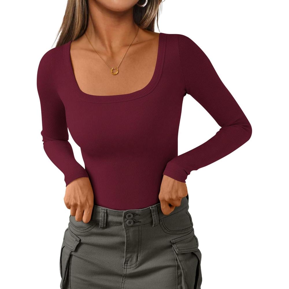 imagePRETTYGARDEN Long Sleeve Shirts for Women Spring 2026 Ribbed Basic Tees Scoop Neck Trendy Going Out Tops Fashion ClothingWine Red