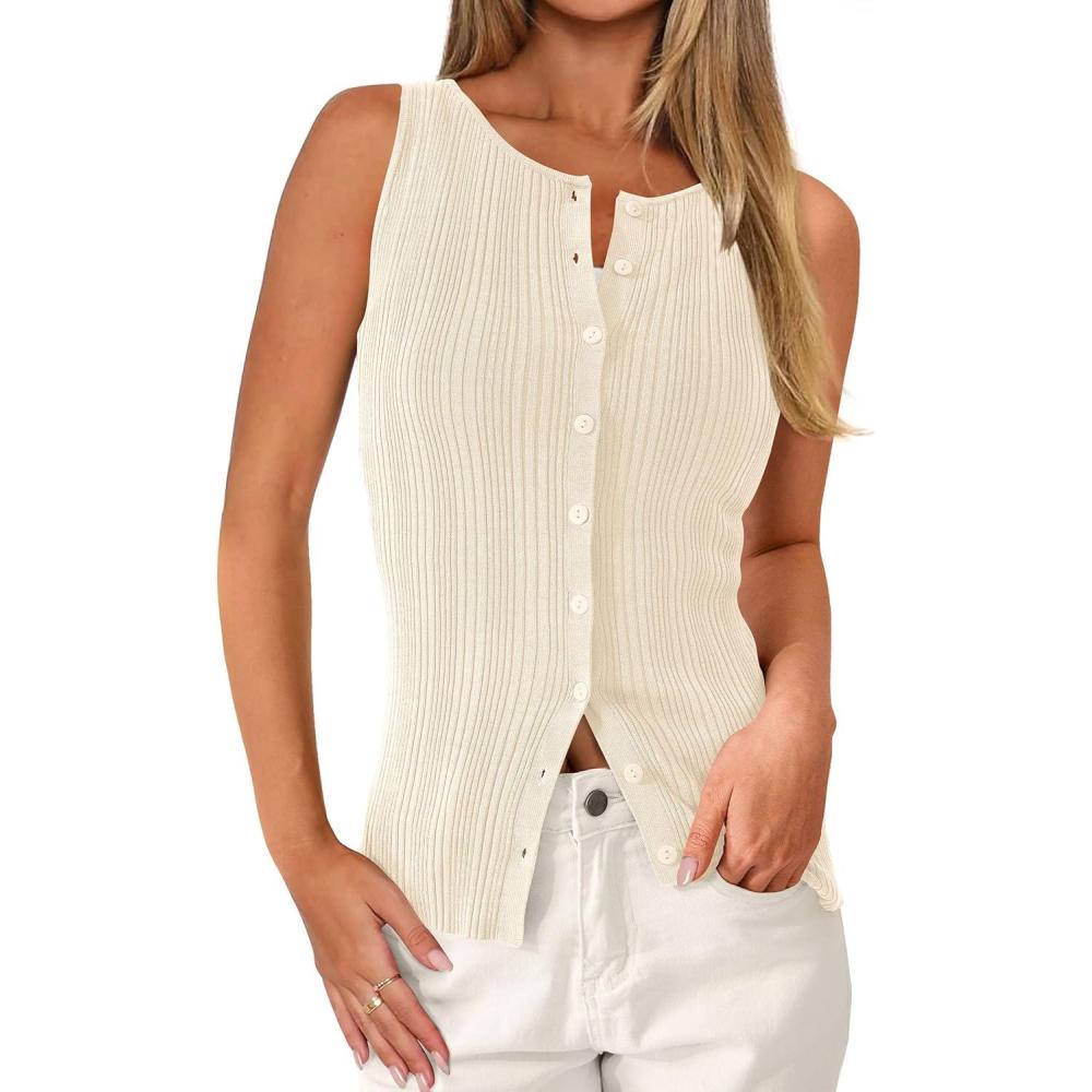 imagePRETTYGARDEN Ribbed Tank Tops for Women Summer 2026 Button Down Sleeveless Shirts Y2K Fashion Clothing Going Out Vest TopApricot