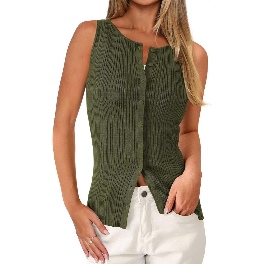 imagePRETTYGARDEN Ribbed Tank Tops for Women Summer 2026 Button Down Sleeveless Shirts Y2K Fashion Clothing Going Out Vest TopArmy Green