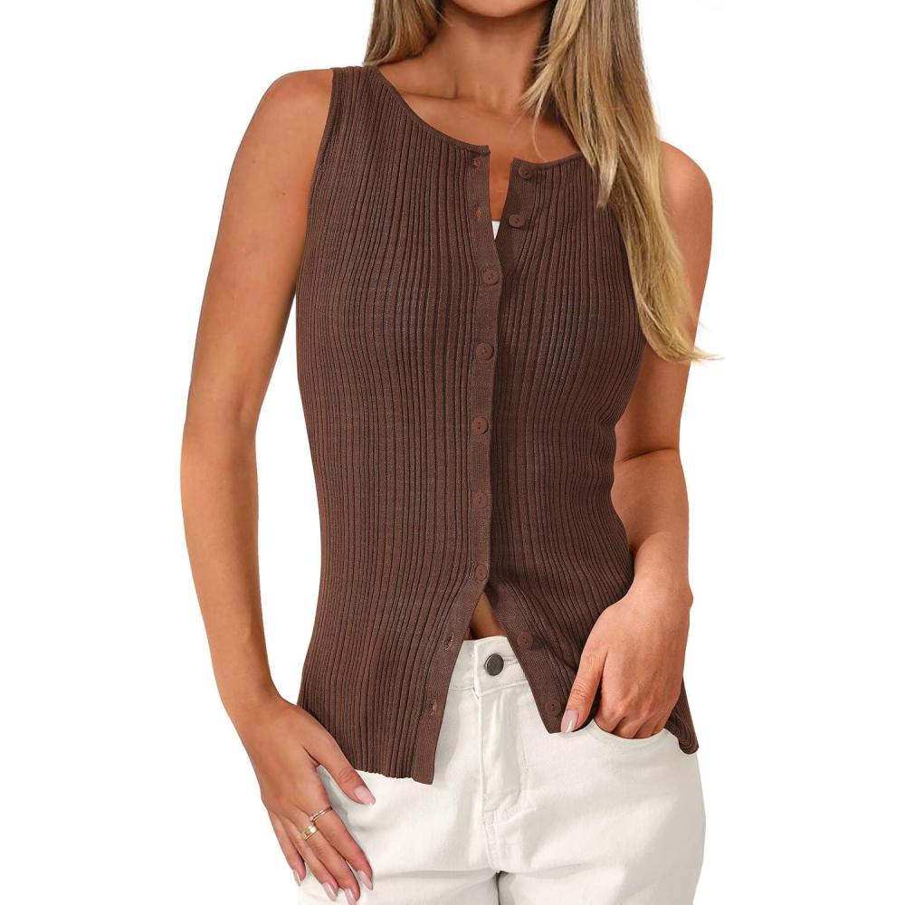 imagePRETTYGARDEN Ribbed Tank Tops for Women Summer 2026 Button Down Sleeveless Shirts Y2K Fashion Clothing Going Out Vest TopBrown