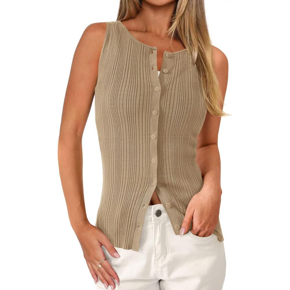 imagePRETTYGARDEN Ribbed Tank Tops for Women Summer 2026 Button Down Sleeveless Shirts Y2K Fashion Clothing Going Out Vest TopCamel