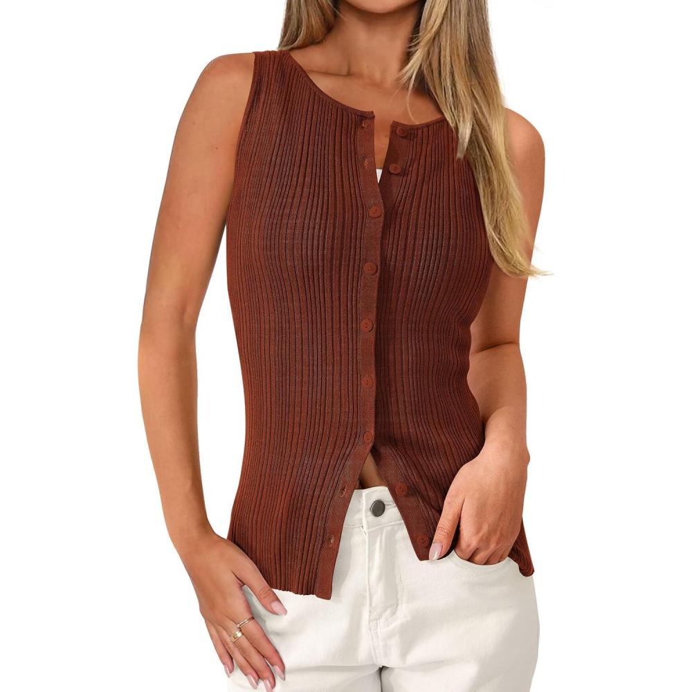 imagePRETTYGARDEN Ribbed Tank Tops for Women Summer 2026 Button Down Sleeveless Shirts Y2K Fashion Clothing Going Out Vest TopCaramel
