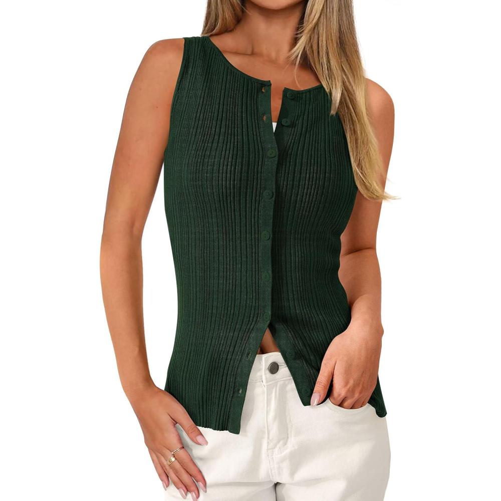 imagePRETTYGARDEN Ribbed Tank Tops for Women Summer 2026 Button Down Sleeveless Shirts Y2K Fashion Clothing Going Out Vest TopDark Green