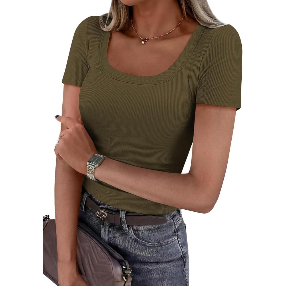 imagePRETTYGARDEN Scoop Neck Tops for Women 2026 Summer Basic Tees Trendy Short Sleeve Shirts Spring Casual Fitted Ribbed TopsArmy Green