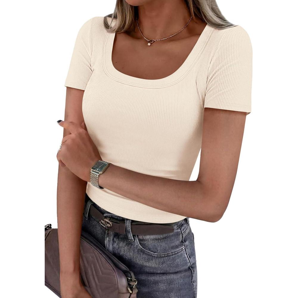 imagePRETTYGARDEN Scoop Neck Tops for Women 2026 Summer Basic Tees Trendy Short Sleeve Shirts Spring Casual Fitted Ribbed TopsBeige