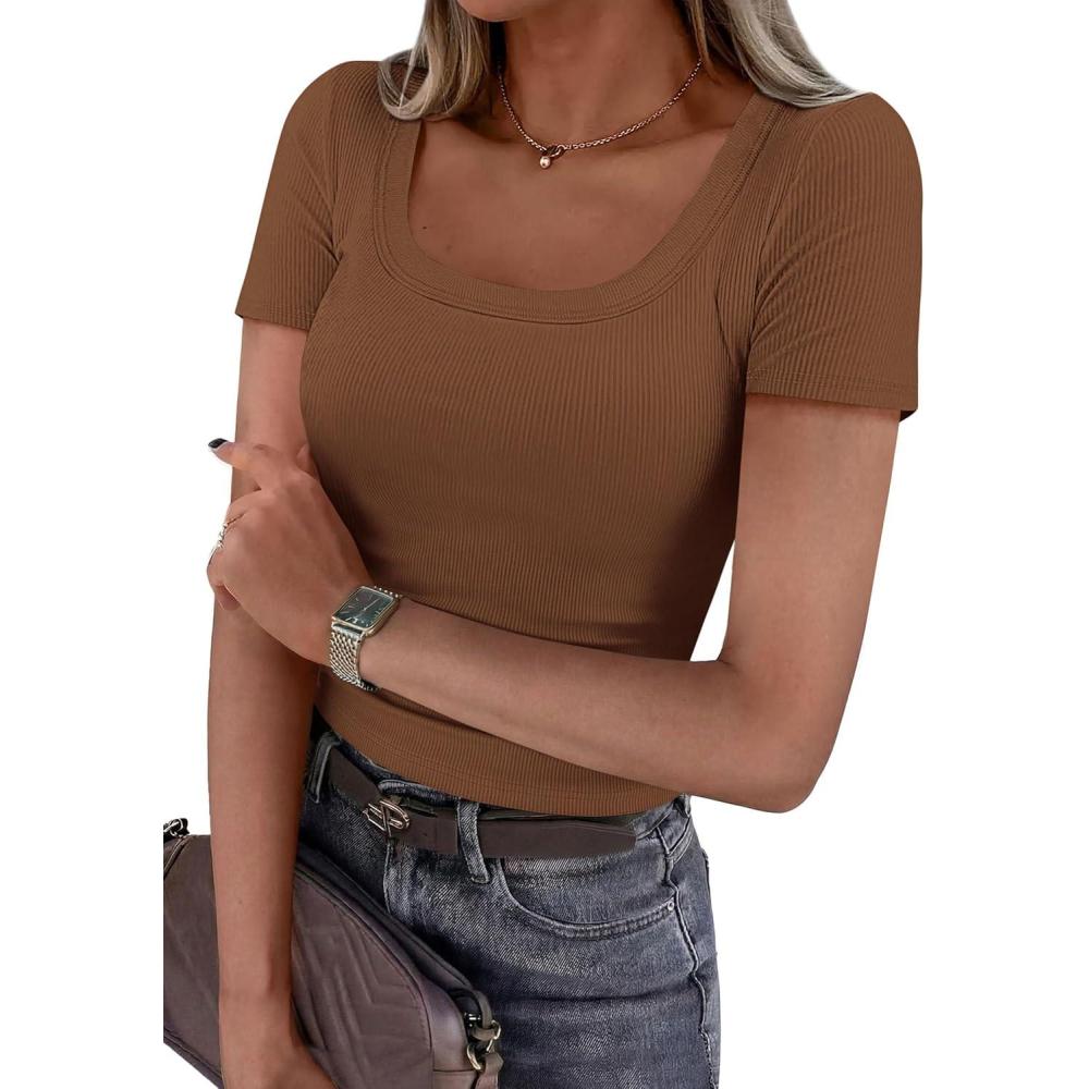 imagePRETTYGARDEN Scoop Neck Tops for Women 2026 Summer Basic Tees Trendy Short Sleeve Shirts Spring Casual Fitted Ribbed TopsKhaki